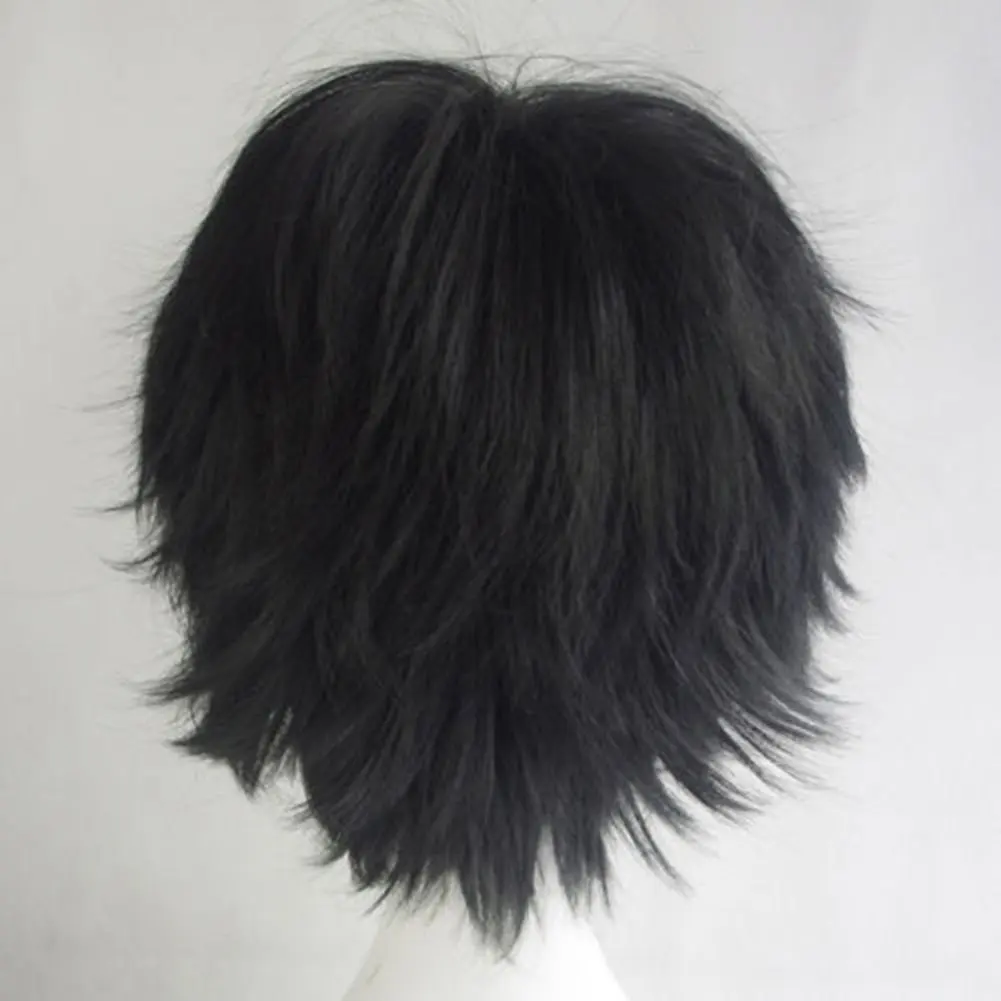 Unisex 30cm Short Black Fluffy Straight Toupee Men Synthetic Hair Hair Wig Anime For Cosplay