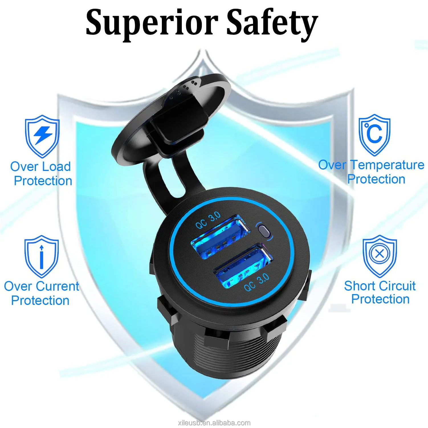 30W quick charge 2 in 1 dual 2 USB 3.0 A female usb car panel mount charger to car bus motorcycle boat with switch