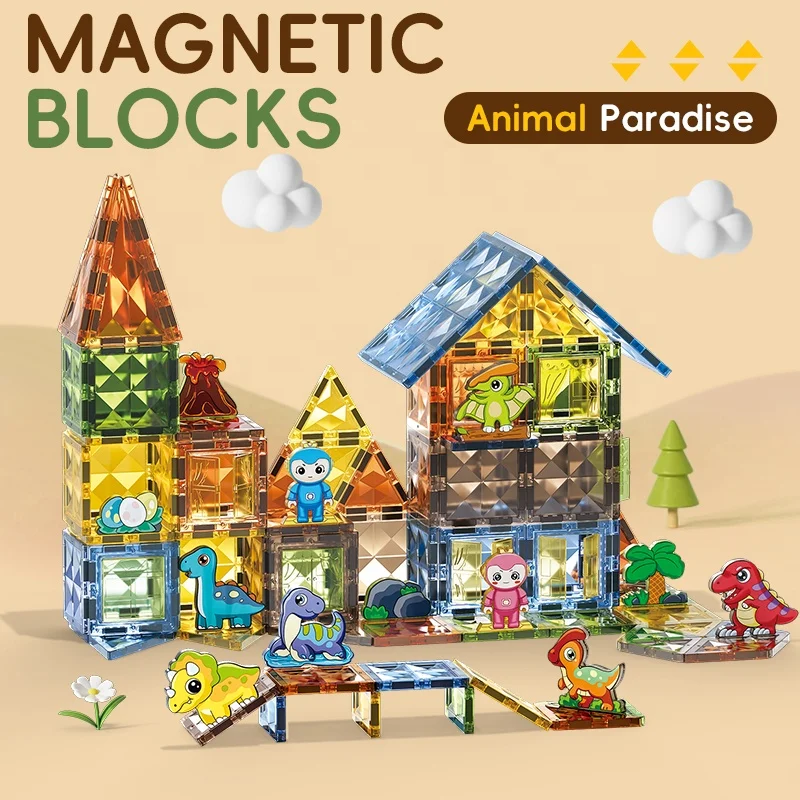 Latest Trending 2024 Funny Animal Kingdom Intelligent Smooth Magnet Building Blocks Set Dinosaur Puzzle Magnetic Tiles For Kids