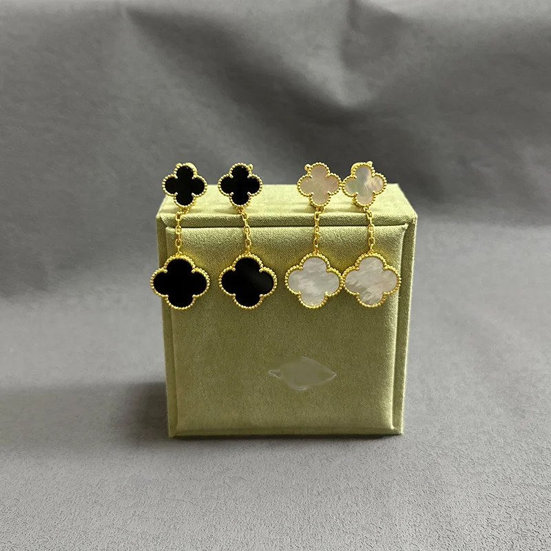 High quality s925 sterling silver 18K gold rose gold leaf two flower earrings women onyx mother ear clips factory wholesale