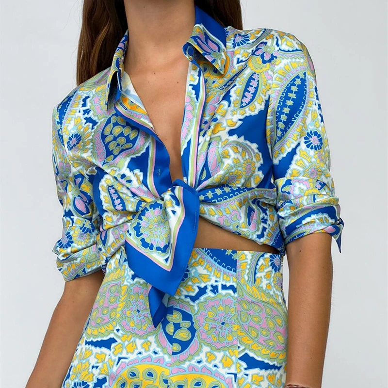 PB&ZA2022 summer new fashion Korean version of the French sweet print drapey design shirt female 7920048
