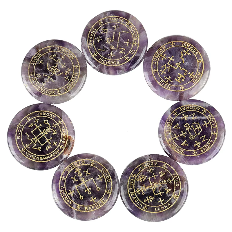 Archangel Magic Array Engraved Crystal Palm Rose Amethyst Slice Chakra Reiki Rune Stones