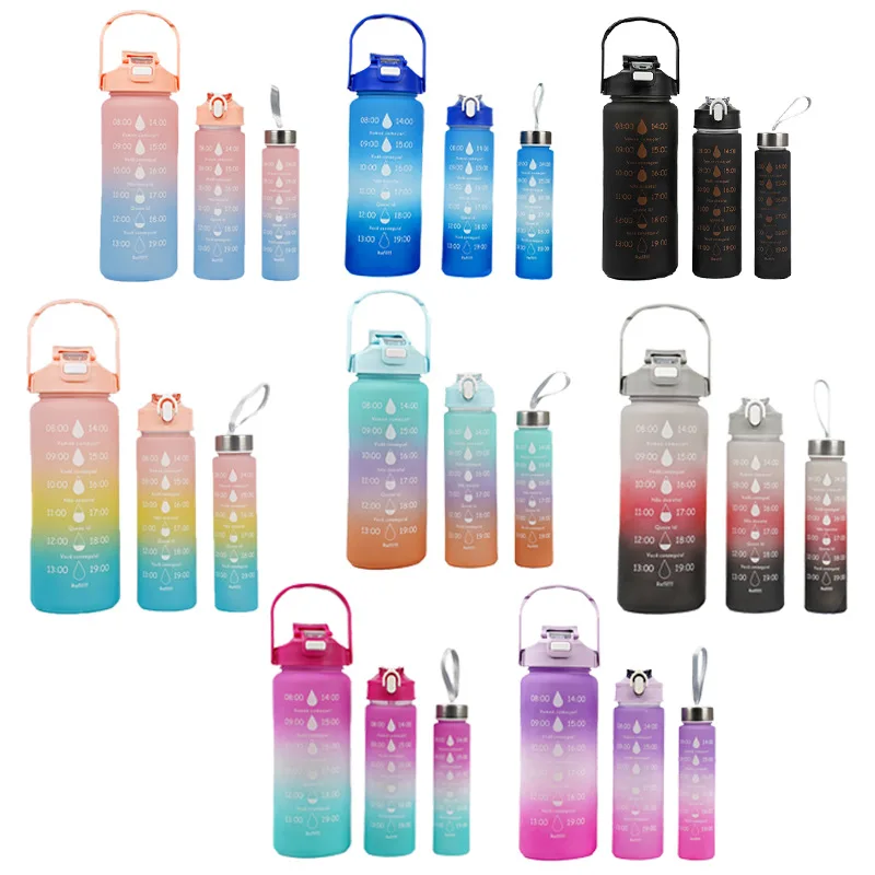 Straw Plastic Sports 2000ml Gradient 3pcs Set Water Bottle  With Time Marker With Straw