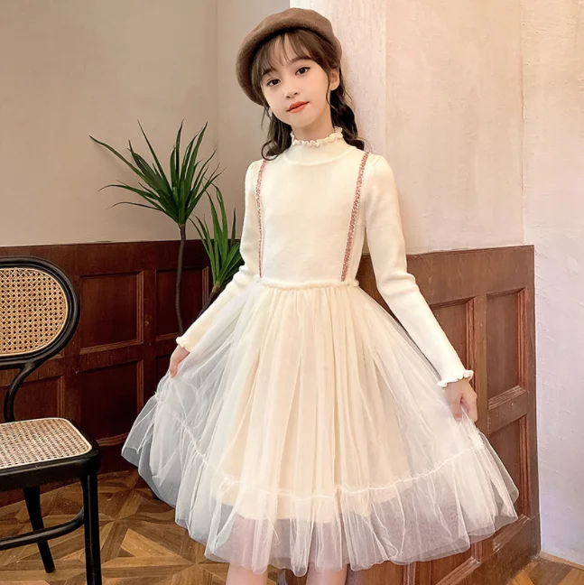Girls winter high-quality dress 2021 new girl party white dress in the big child princess dress