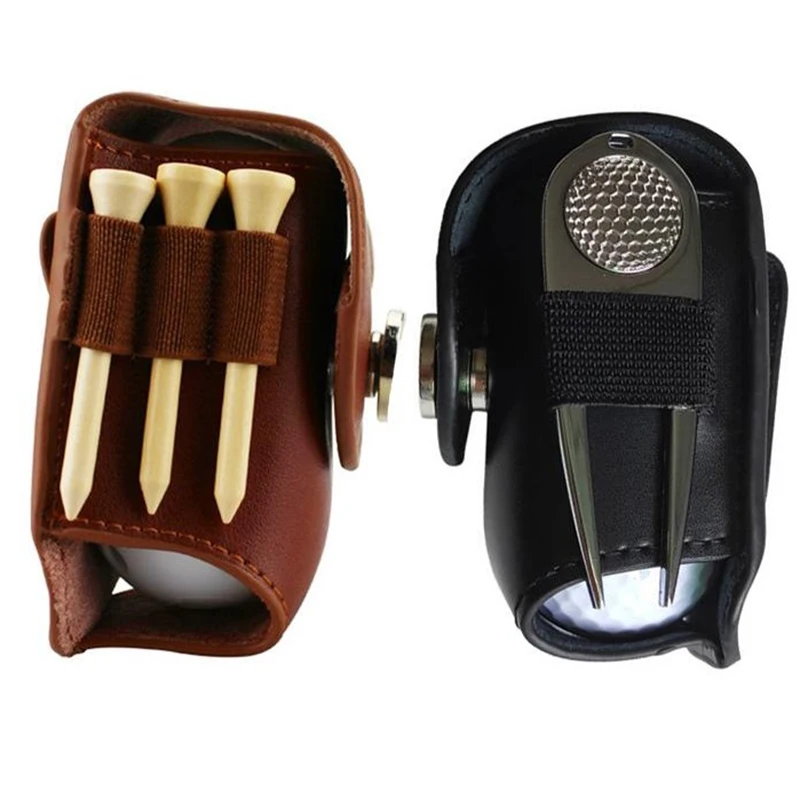 PU Leather Golf Ball Pouch Bag Holder Cover Waist Belt Storage Pocket with 3 Tees 1 Golf Divot Repair Tool Set