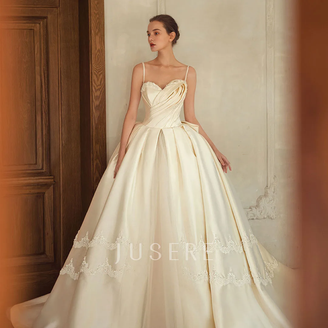 New design spaghetti strap beaded pleated bodice  bow embellishment a line wedding dress satin bridal gown