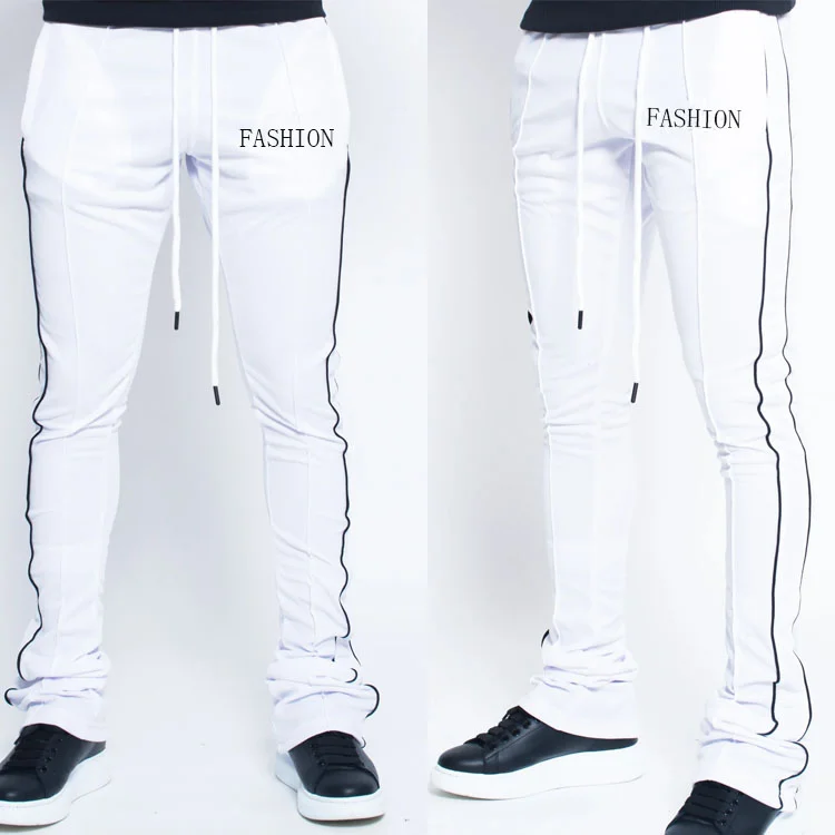 2022 Mens Skinny Trousers Polyester Line Stripe Track Pants Fit Stacked Sweatpants Men 3M Reflective joggers With Drawstring