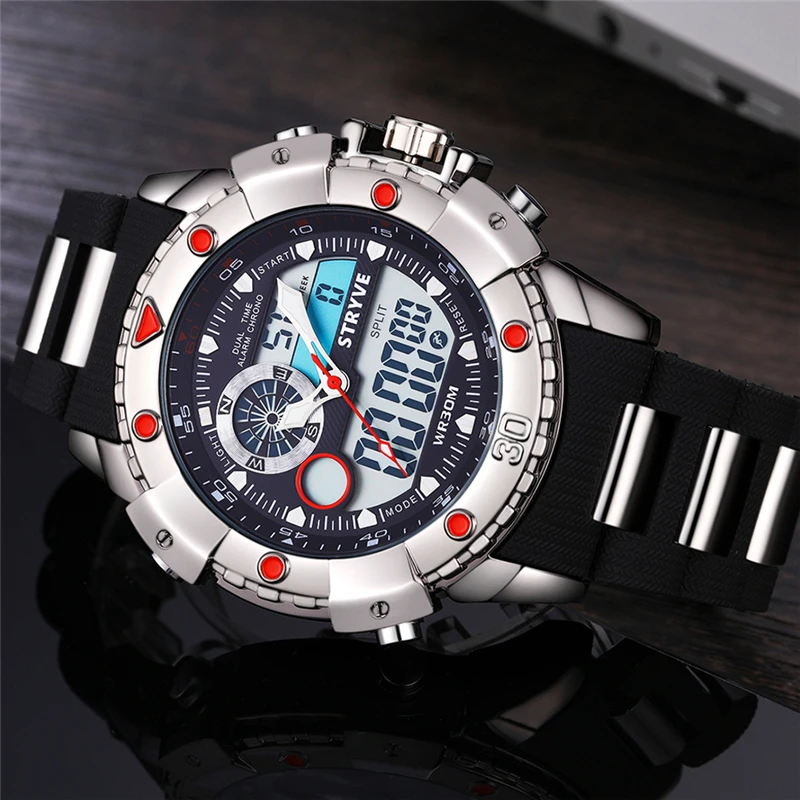 Multifunction Sports Watch Men Big Dial Stryve Brand Luxury Double Time Waterproof Dive Quartz Analog Digital Led Watch