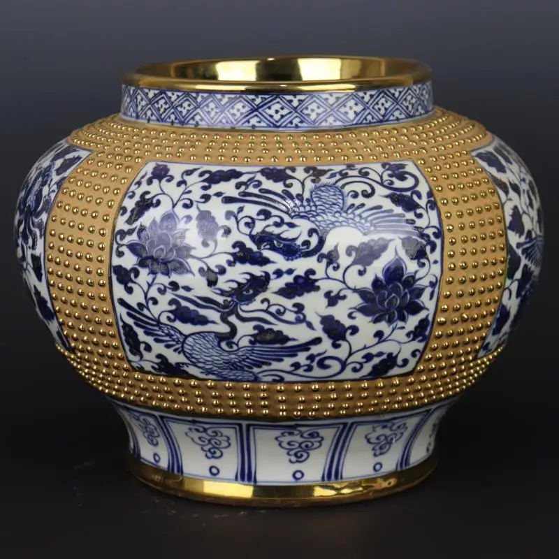 Antique Ming Dynasty Relief Blue and White Phoenix Pattern with Gold Painted Vase Ceramic collection handicraft vase jar