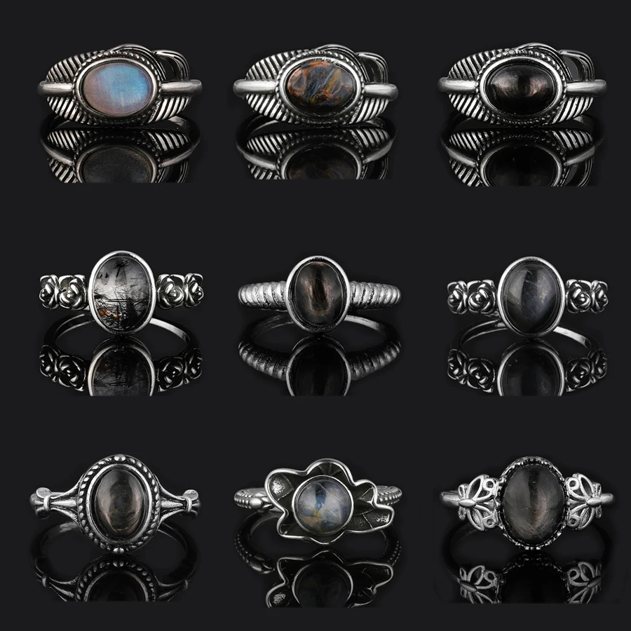 100% Natural Fluorite Gray moonstone garne Peterite jinyun stone  Ring for Women men Crystal Quartz Gemstone Adjustable ring