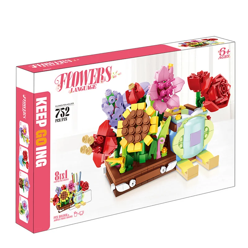 HN Most Popular 8 IN 1 Flower Building Blocks 752PCS  Plant Brick Building Block Toy Set For Kids