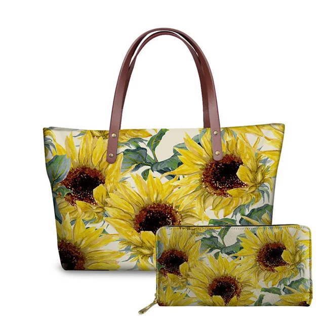 Ladies Shoulder Bags for Women Sunflowers Printing Handbags&Wallet for Females 2pcs/set Top-Handle Bags Travel Bolsa