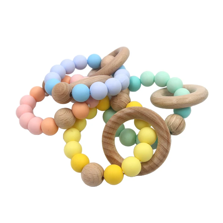 Factory Supplier Silicone And Wooden Baby Teething Beads Bracelet Wholesale