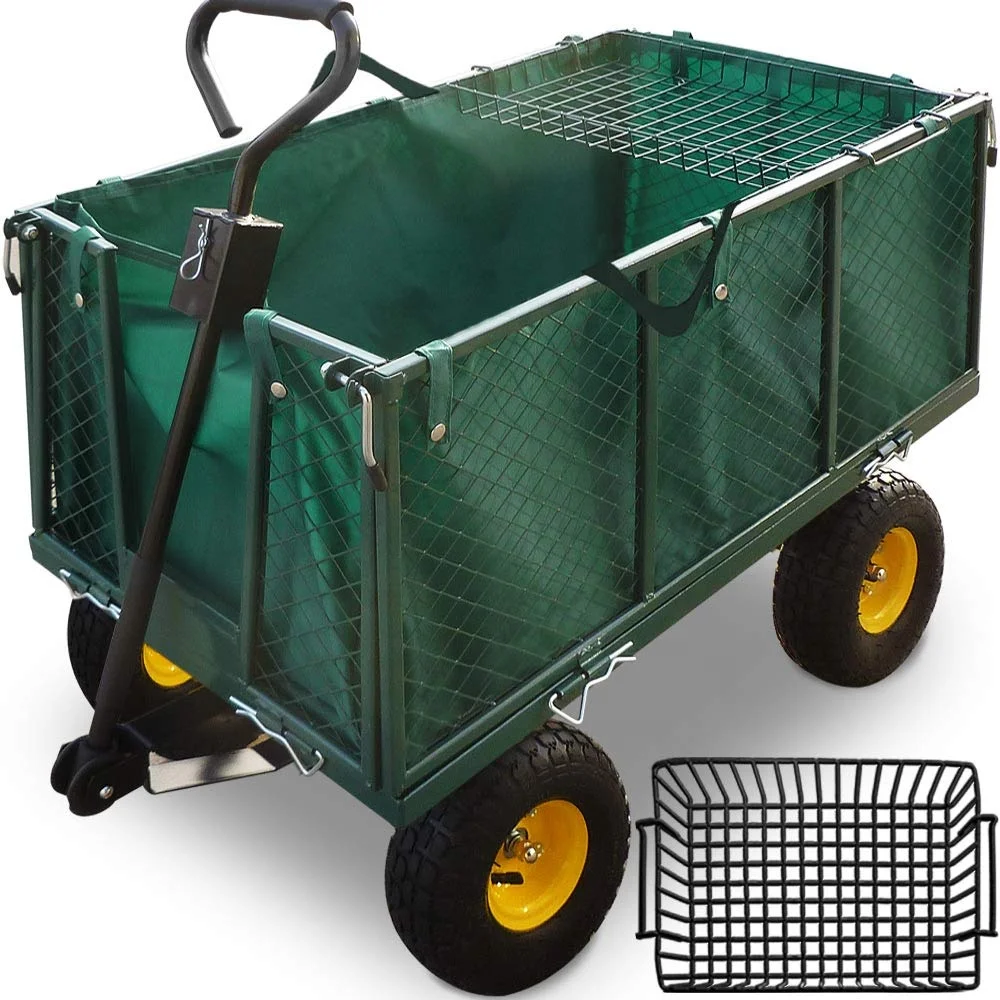 Garden Cart Wagon Heavy Duty Mesh Steel, Utility Wagon Cart with Tire Pump , Yard Cart with Removable Sides