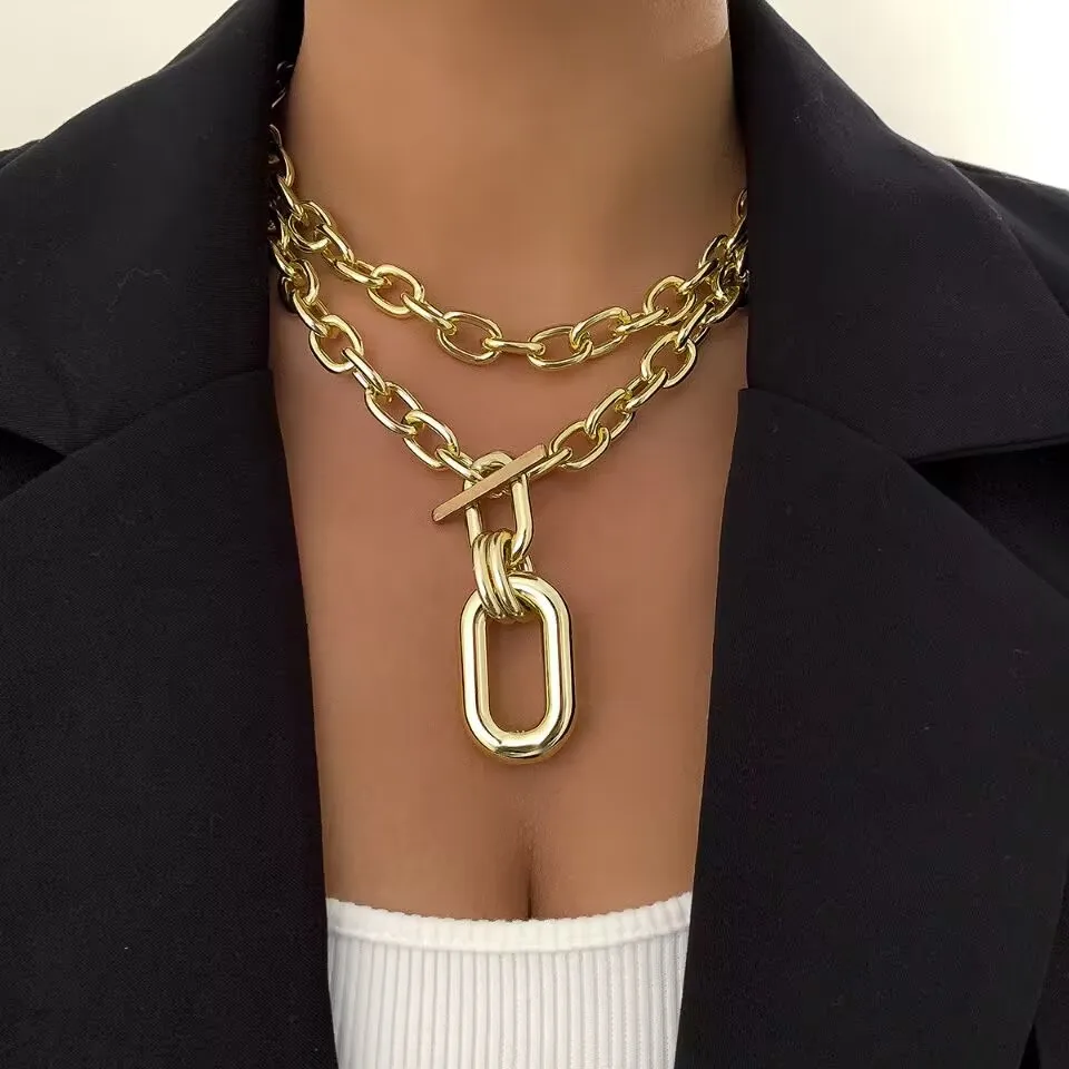 2024 Fashion Jewelry aluminum chain multi-layer necklace geometric metal collarbone 18k gold plated acrylic necklace for women