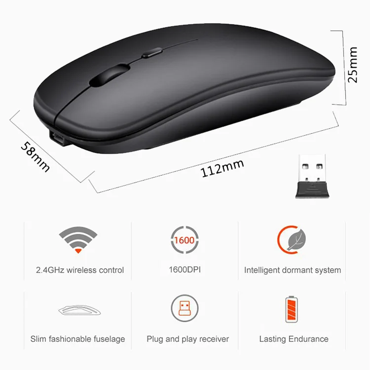 Wireless Mouse 2.4GHz Receiver Optical Adjustable Wireless Mice Silent Rechargeable Mouse