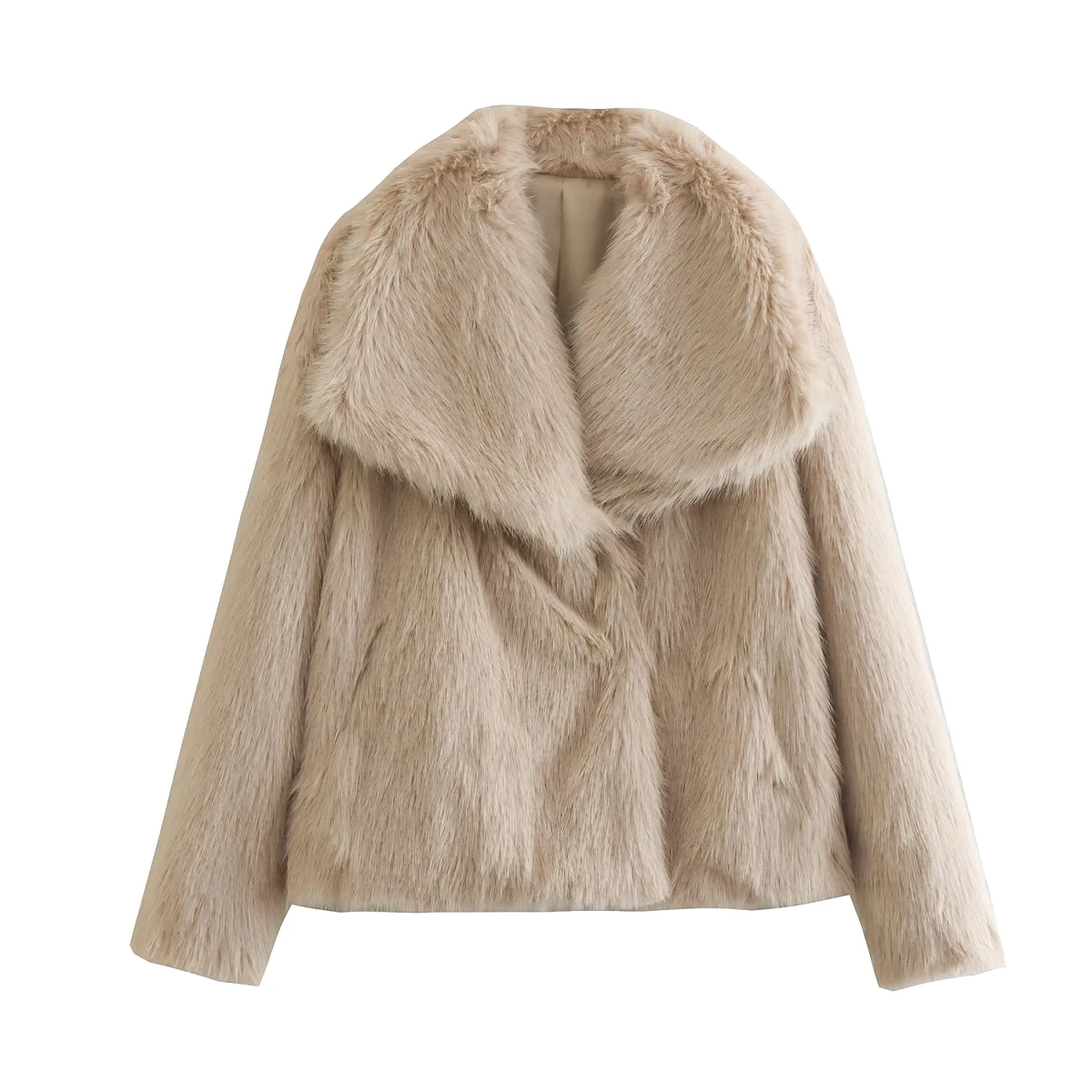 European American Style Turn Down Collar Wool Overcoats Khaki Women Faux Fur Cropped Coat