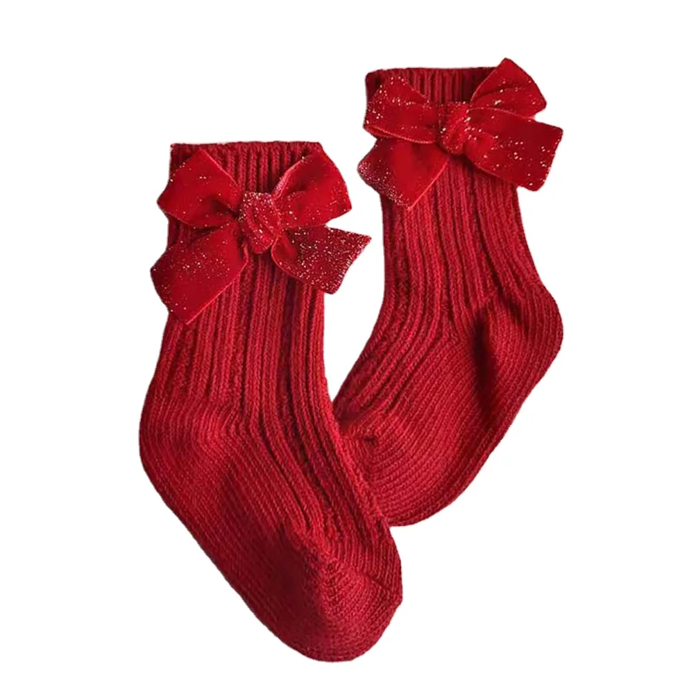 2021 оптовая продажа, индивидуальные зимние теплые хлопковые подарочные детские пушистые рождественские Компрессионные носки с бантом для девочек, подарок