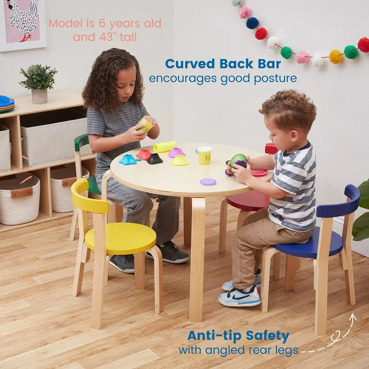 Factory Wholesale Customized Durable Minimalist Birch Plywood Child-size Furniture Kids Table and Chair with Curved Back Bar