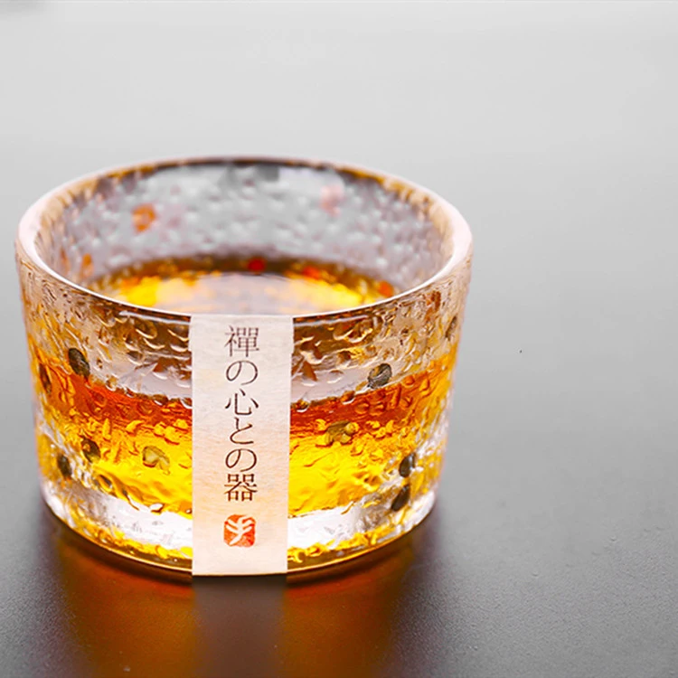 Japanese Style Handmade design-Tracing In Gold Glass Small Tea Cup Heat-Resistant Mini Hammer Grain Glass Kung Fu Tea Glass