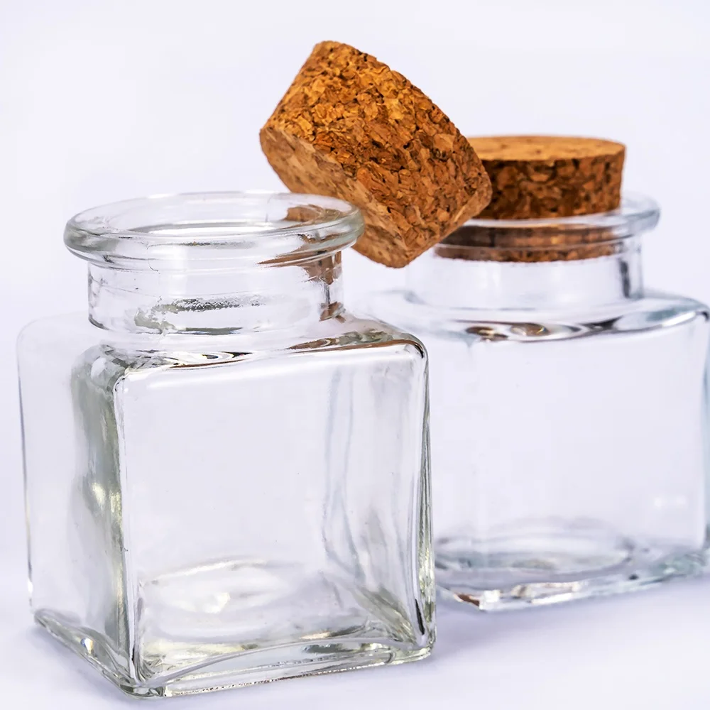 Alibaba Glass Bottle Supplier 50ml Square Spice Container Saffron Storage Jar Packaging Bottle with cork stopper lid