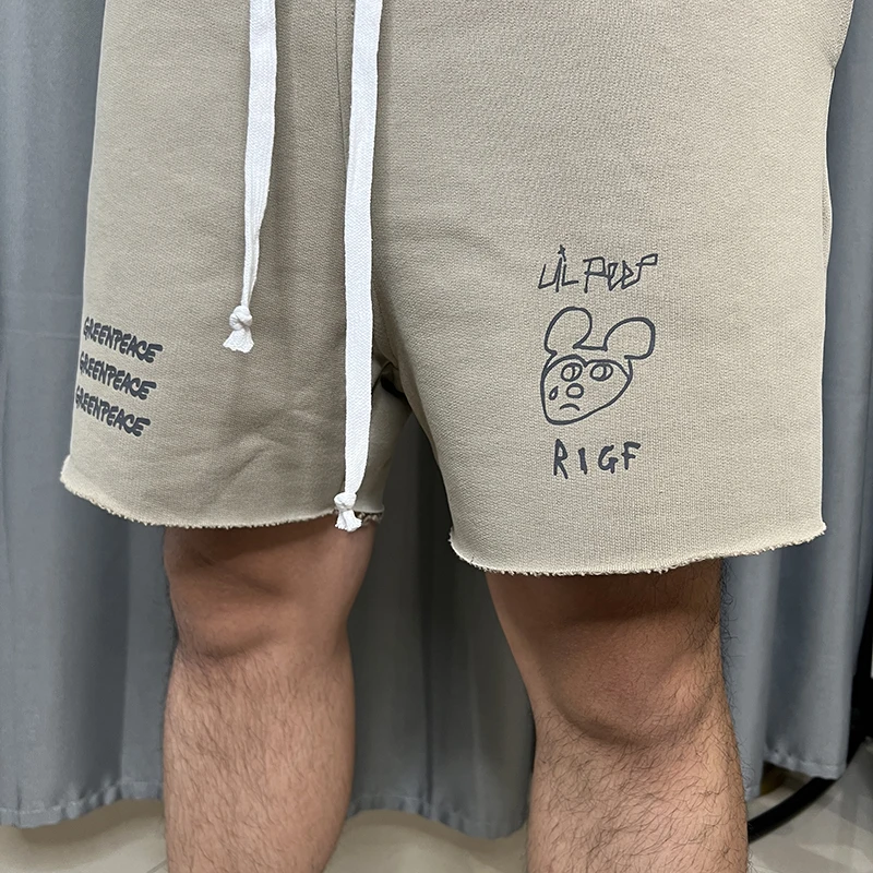 Custom Heavyweight Cotton Men Summer Short Raw Hem Shorts Sports Drawstring Shorts