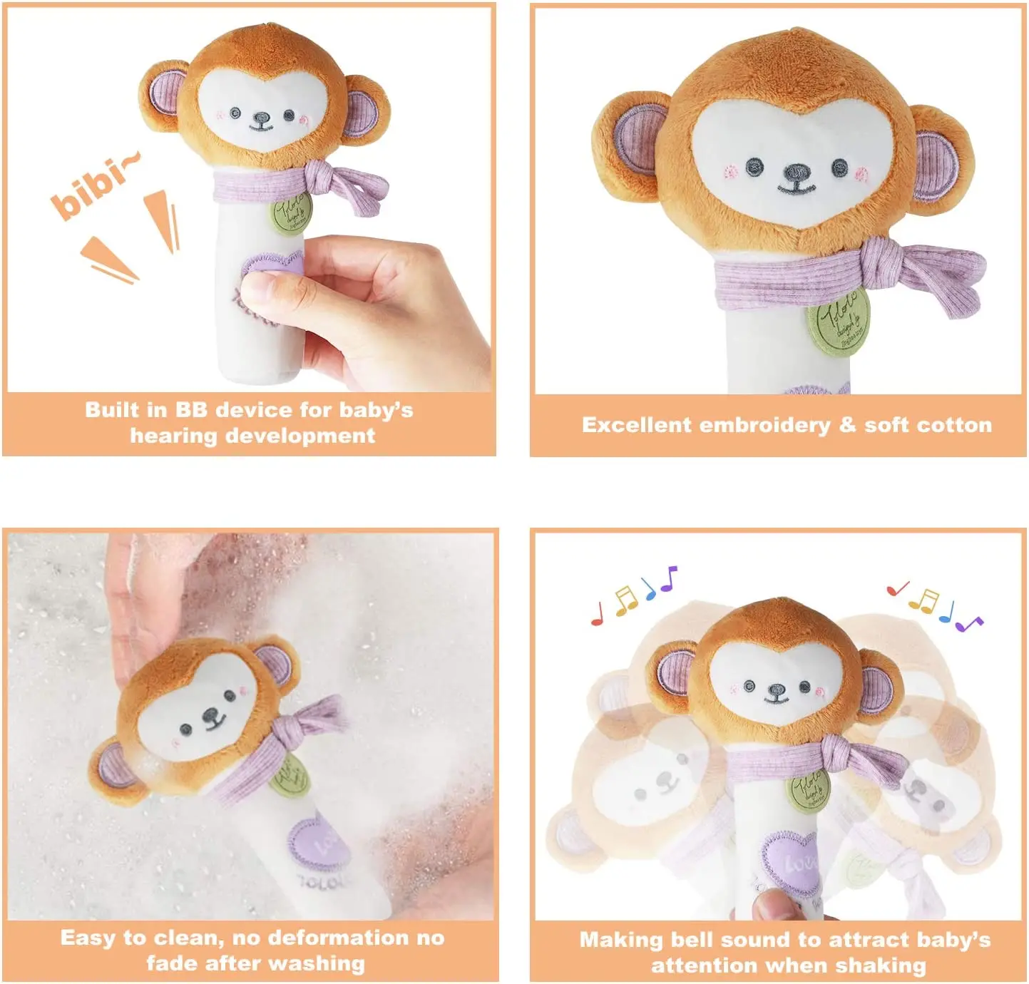 Custom educational plush hand rattles hand grip toys stuffed animal rattles shaker for 3 6 9 12 months infants newborn