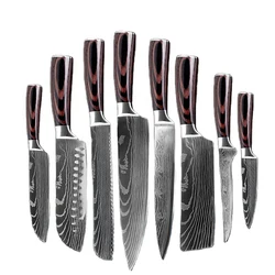 Kitchen accessories 5cr15 stainless steel damascus pattern kitchen chef knife kitchen knives set with colored wood handle