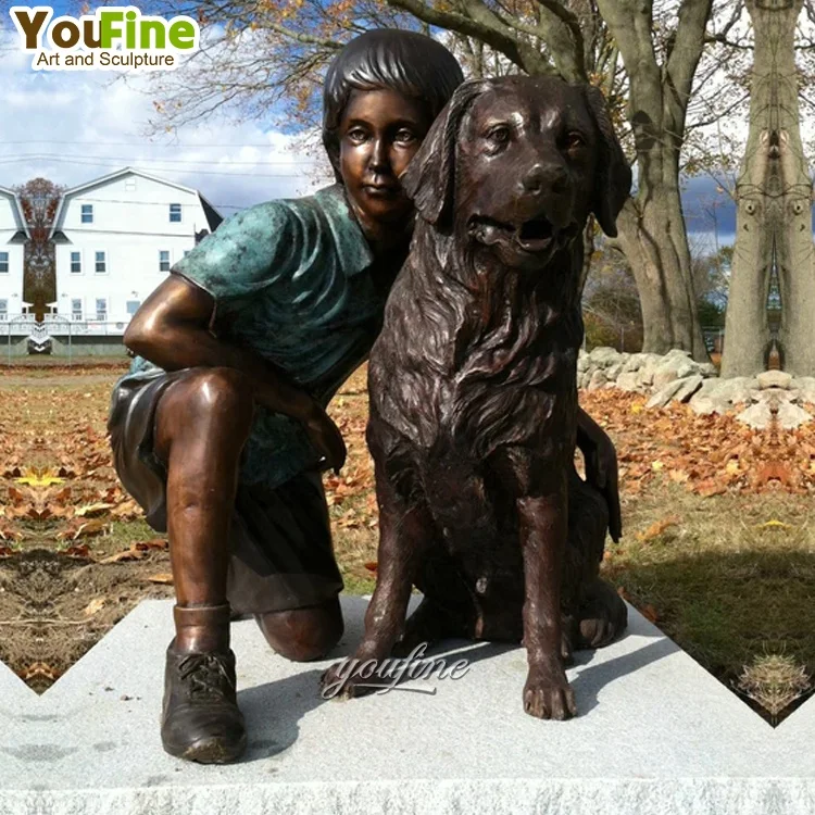 Life Size Outdoor Garden Bronze Boy with Dog Statue