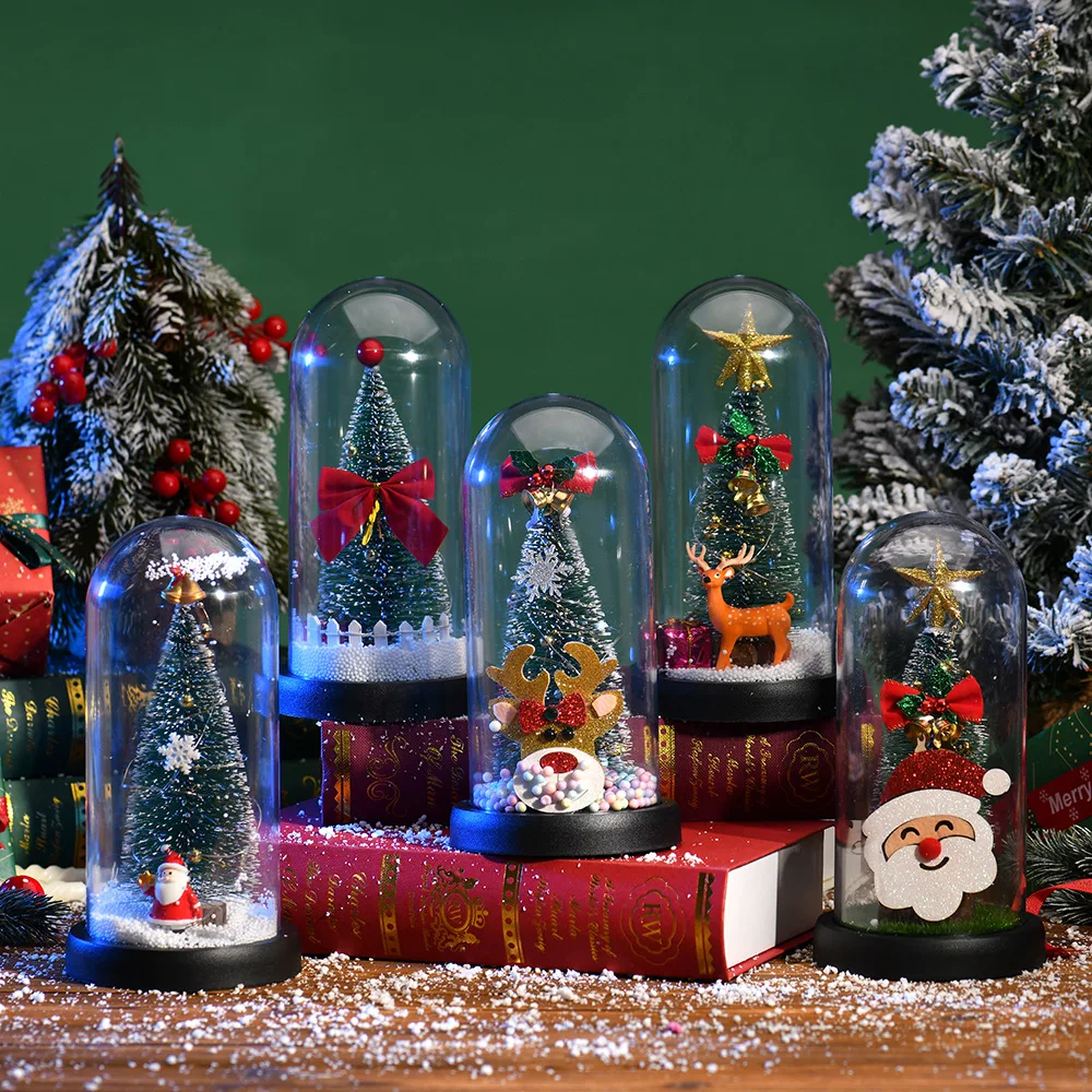 8.3inch Christmas Tree in Plastic Dome LED Glass Cover Ornaments Cedar Window Shooting Props Gifts for Girlfriends and Lovers