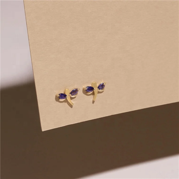 925 sterling silver luxury gold beautiful designed Blue Sapphire Dragonfly Studs earrings women 2020
