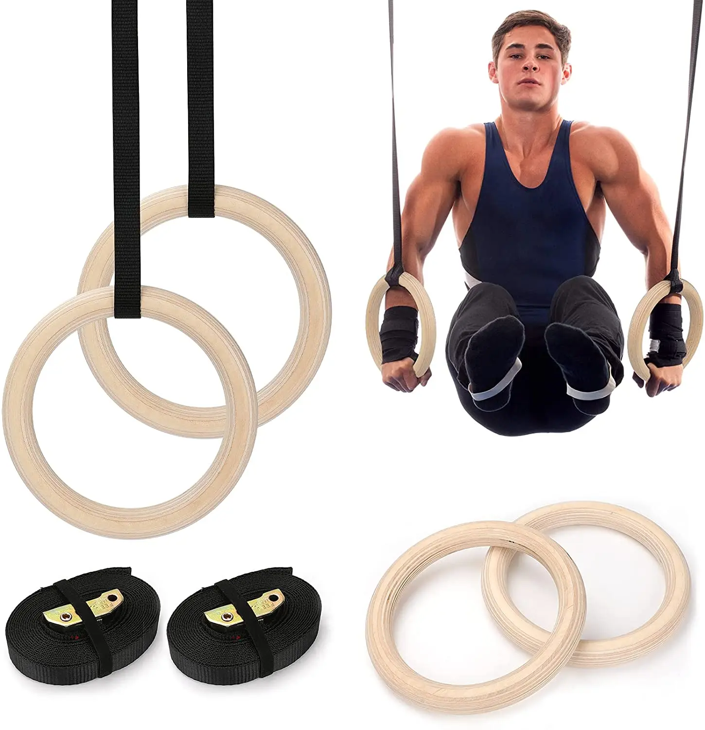 Wooden Gym Exercise Rings Heavy Duty Pull Up Rings Workout Fitness Rings