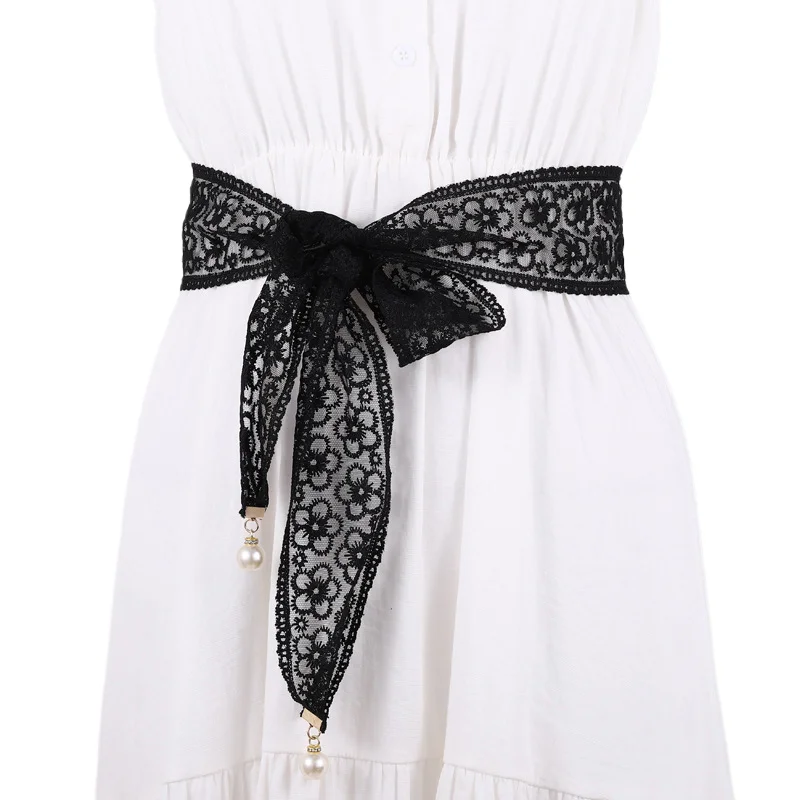 fengqi lace pearl pendant belt women dress decoration bow waist rope with Hanfu knot binding