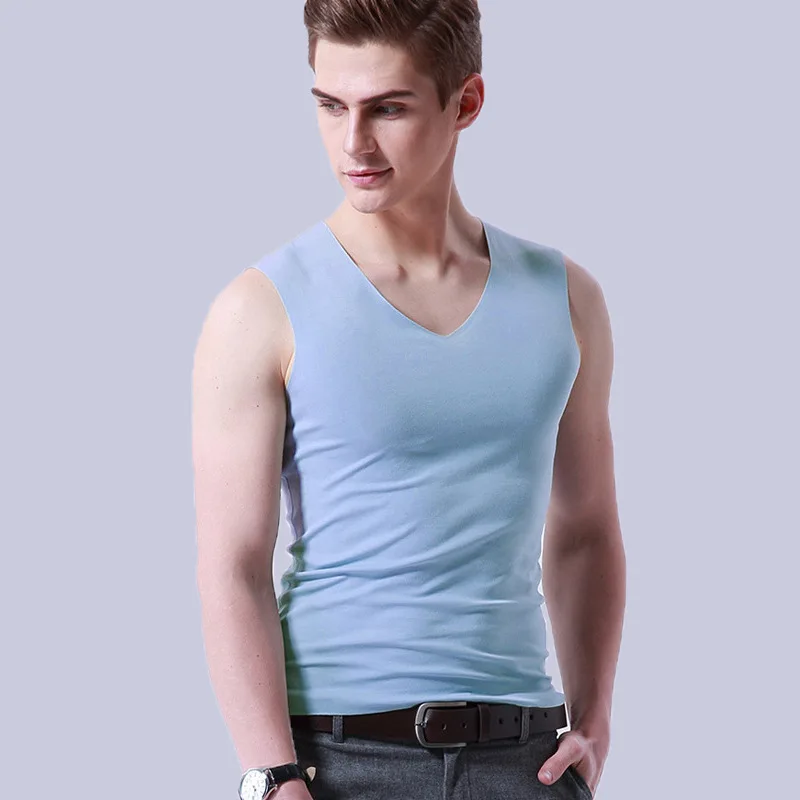 Mens Ice Silk Bottoming Shirt V-Neck Sports Stretch Seamless Vest