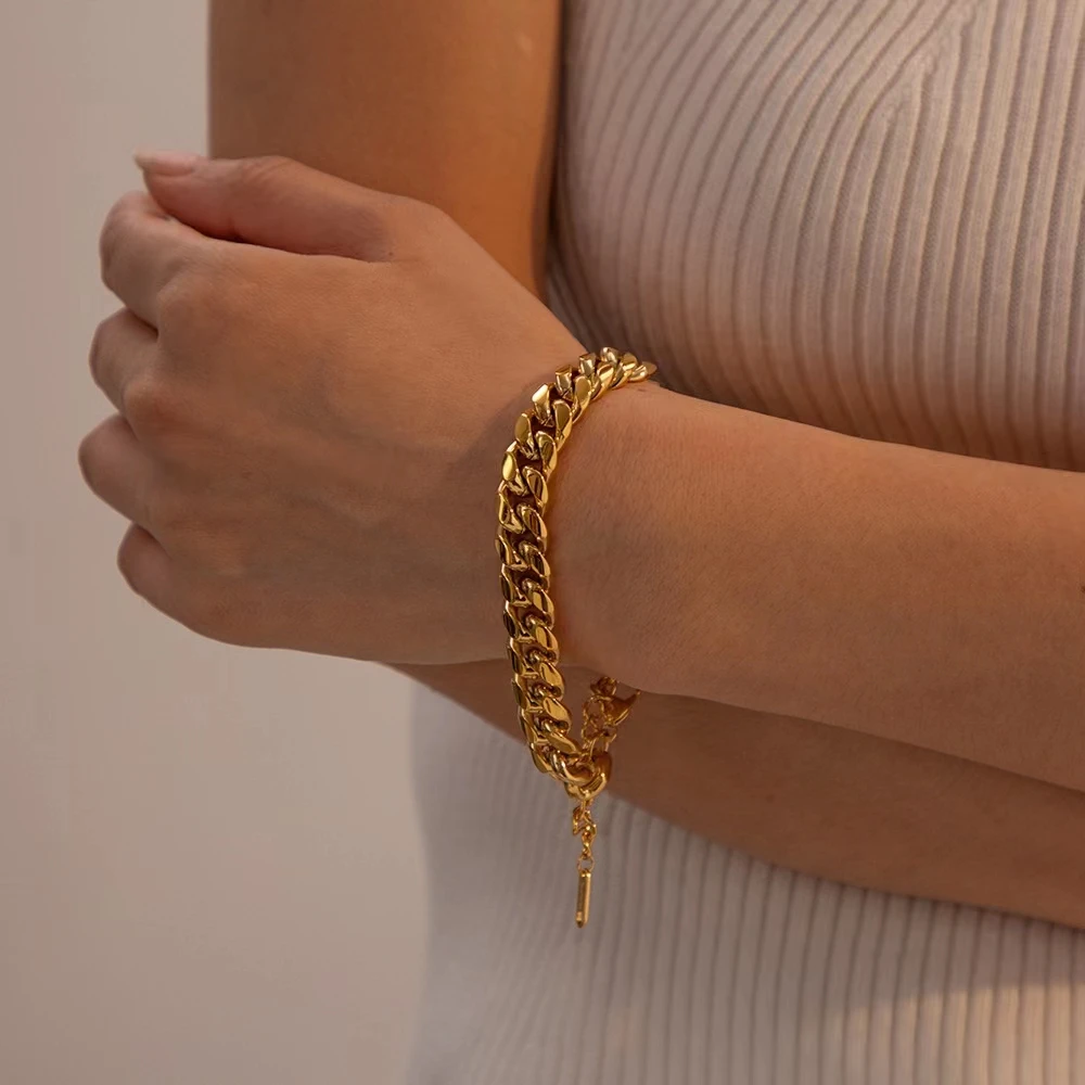 wholesale choker link chain jewelry set bracelet necklace women fashion stainless steel cuban link chain set