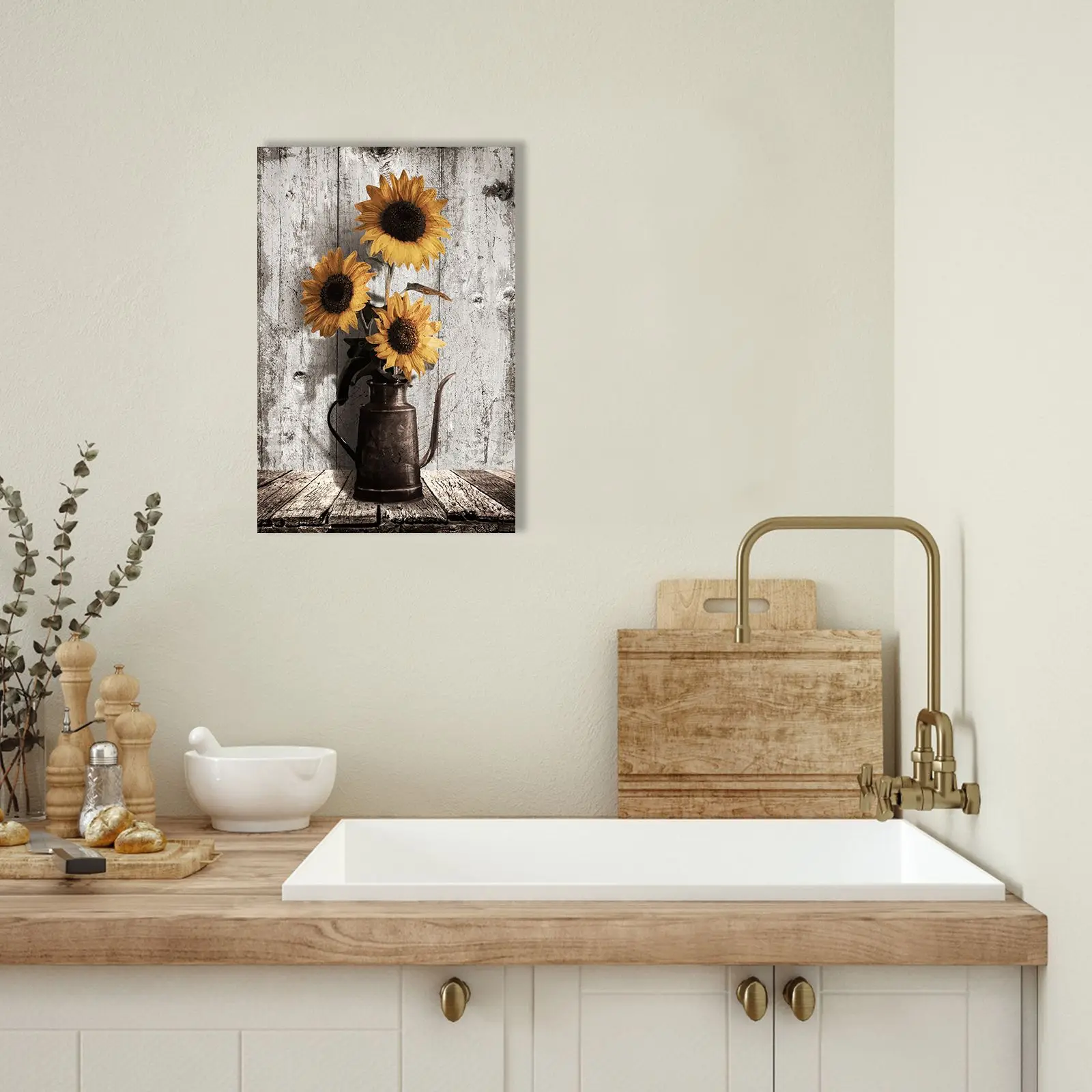 Wood Grain Framed Rustic Farmhouse Yellow Flower Acrylic Painting of Sunflower