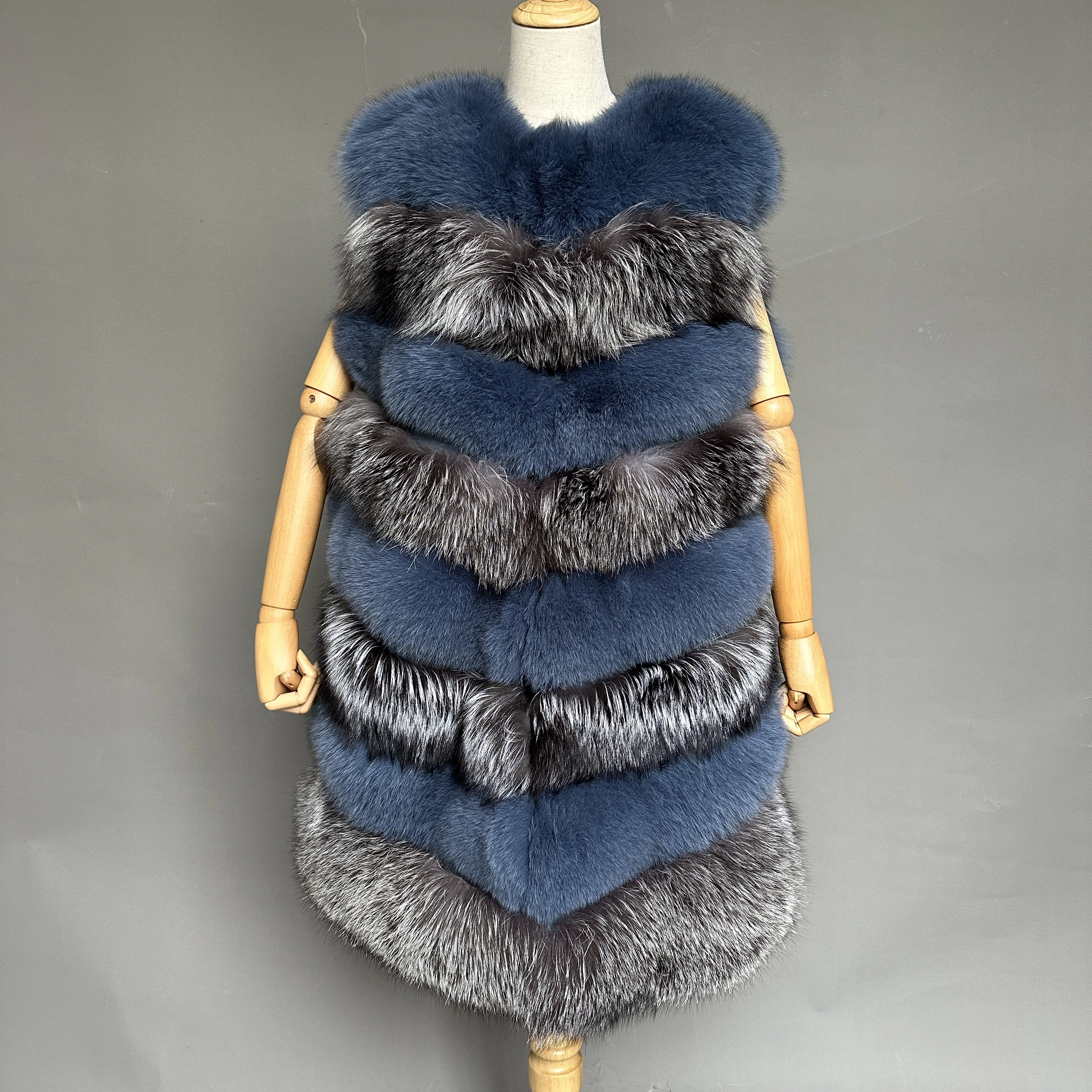 Multicolor Genuine Fur Stitching Vest Female Striped Silver Fox Fur Long Vest Women Winter Real Fur Gilet