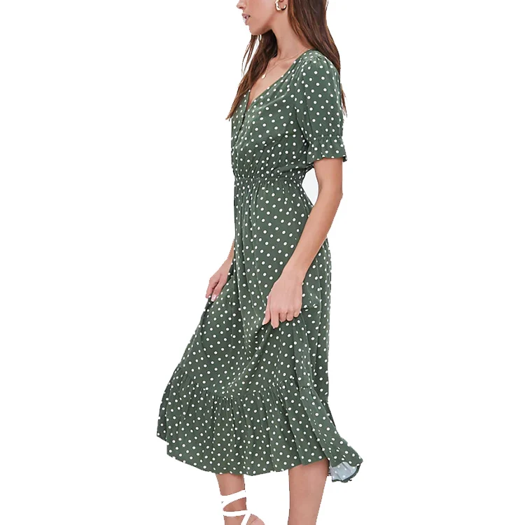 
OEM customer design 2020 Hot selling fashion women casual dress V-neck short sleeve dot dress for lady summer 