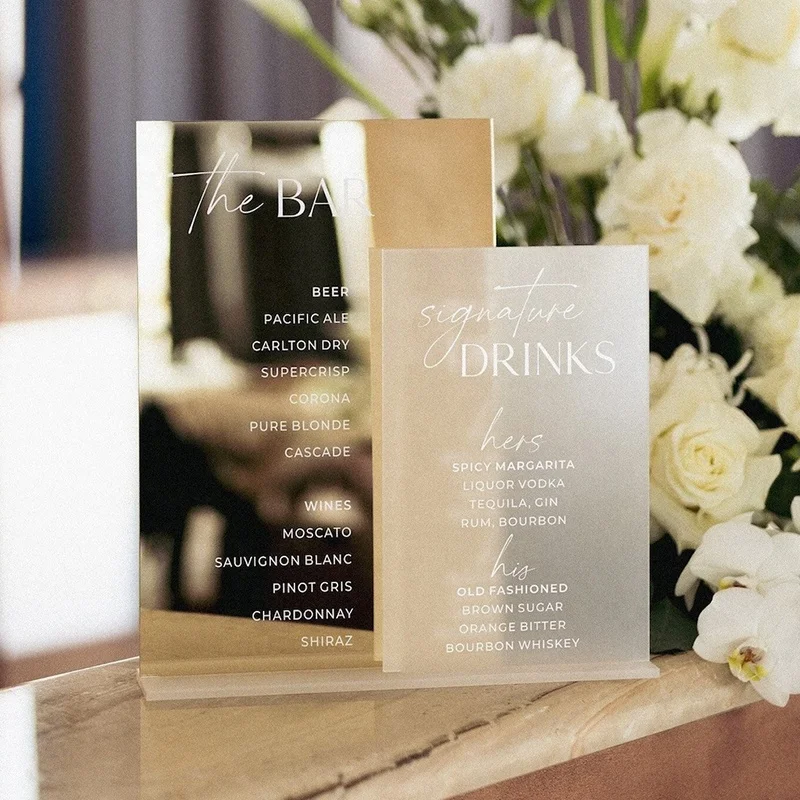 Custom Double Square Gold Mirror Frosted Acrylic Wedding Bar Menu Signature Drinks Sign Cocktails Menu Wedding Signage