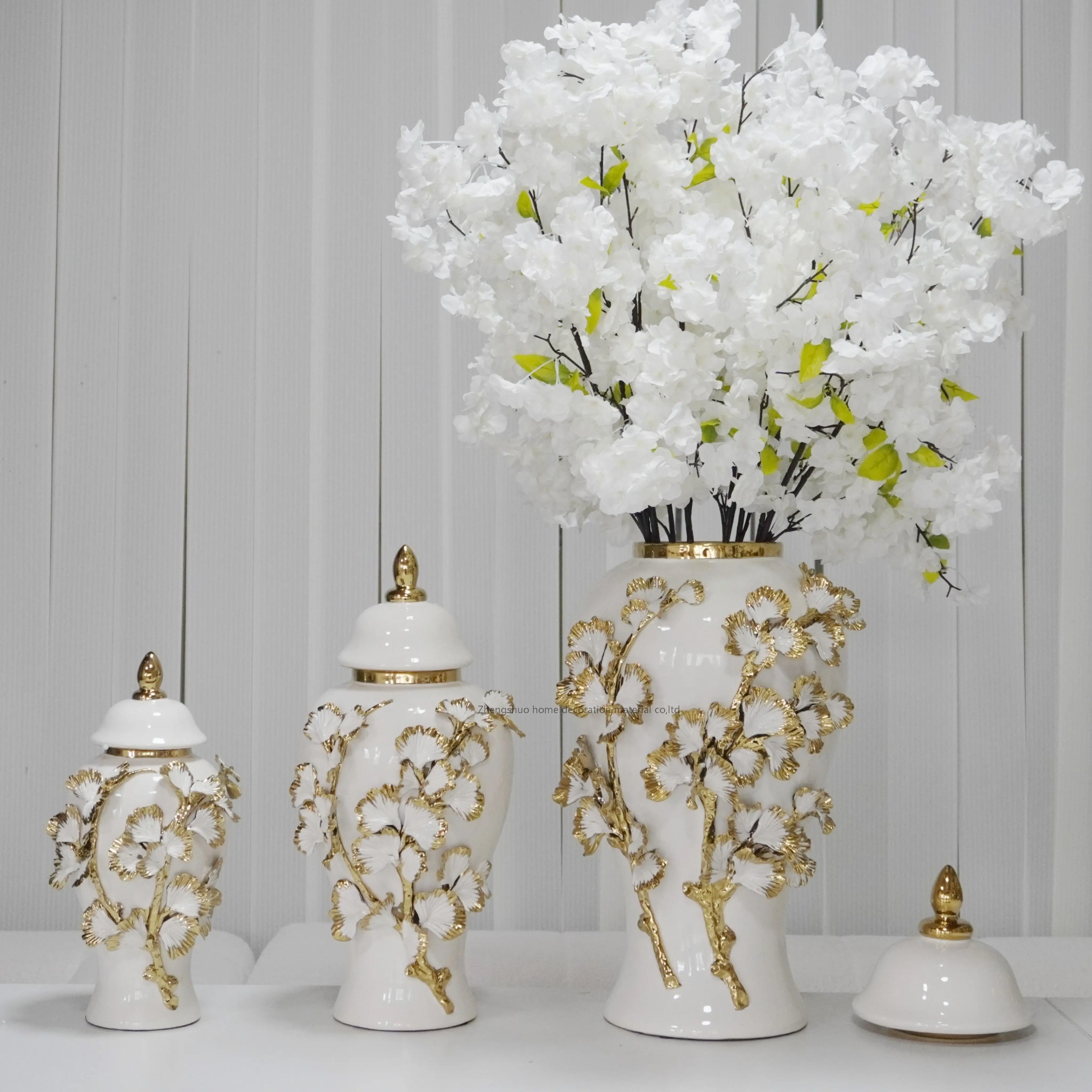 2024 luxury light style ceramic vase white ginger jar with gold leave flowers  for home decor table top floor home decor