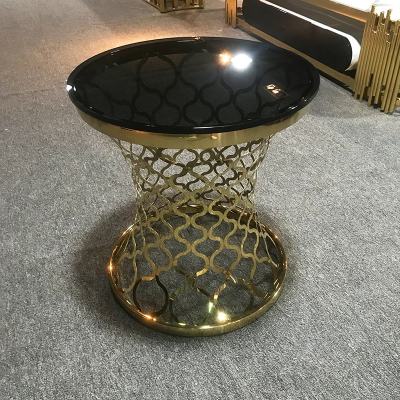 Custom metal pedestal round hotel modern bedroom living room black gold marble top side table