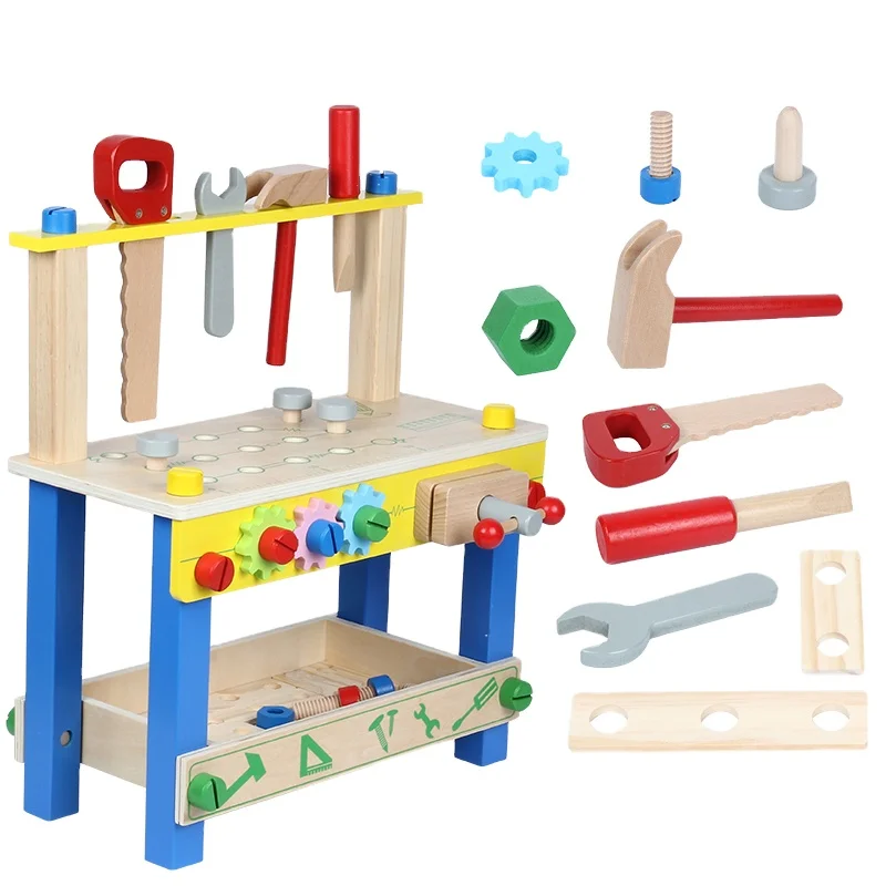 
2020 new trending wooden assembling wooden tool box toy workbench Wholesale role play tool shelf and table toys 