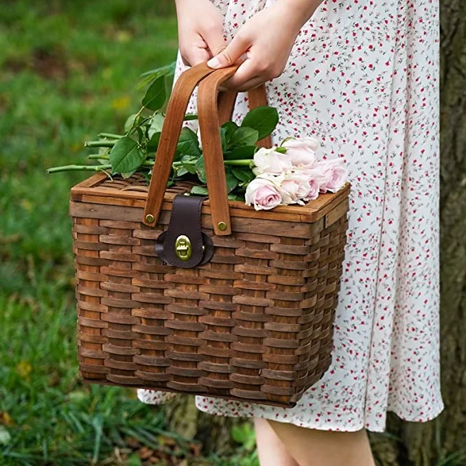 Woodchip Picnic Basket, Natural Handmade Woven Basket with Lid& Double Folding Handles, Wicker Basket & Storage Easter Basket