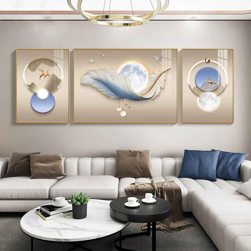 Modern Luxury Crystal Porcelain Decoration Painting HD Prints  Feather Canvas Painting Living Room Home Decoration Mural