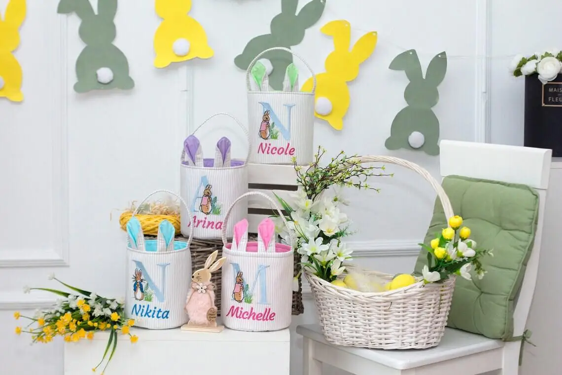 New Arrival Embroidery Easter Egg Hunt Basket Monogram Kids Easter Basket Solid Canvas Strap Easter Bunny Buckets