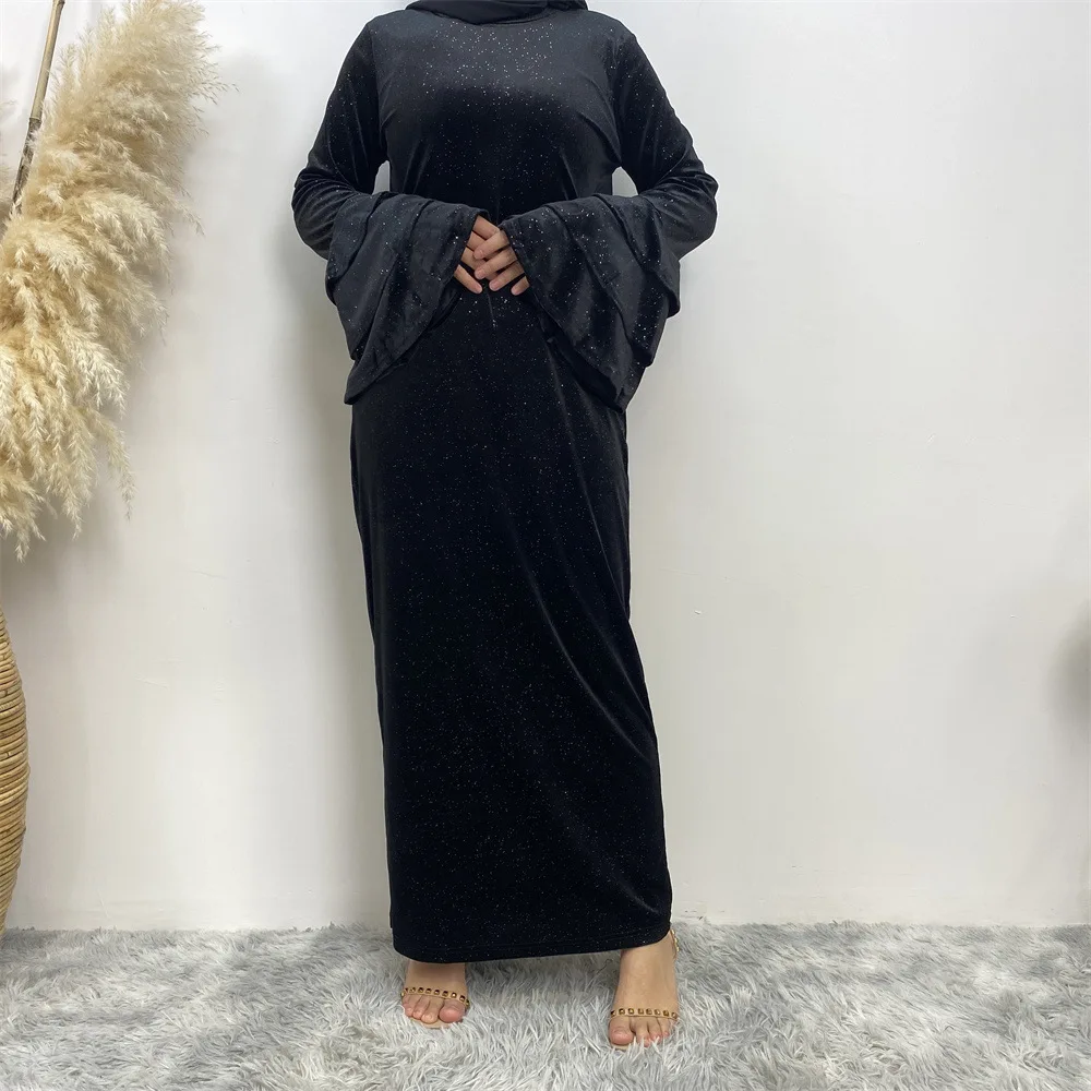 Hot Selling Velvet Flared Trumpet Sleeve Pure Color Shiny Muslim Party Dresses Simple And Elegant Thickened Glitter Abaya dubai