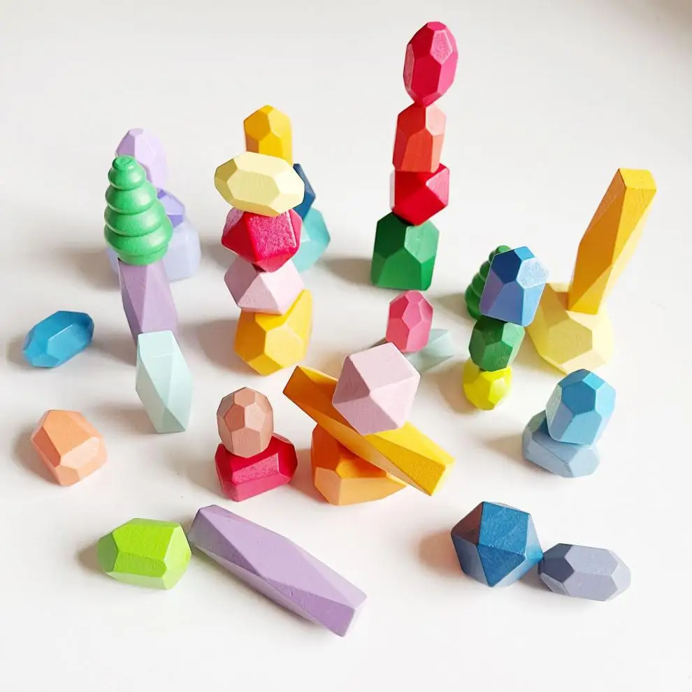 Montessori Toys Wooden Sorting And Stacking Building Block Piled Stones Rainbow Balancing Stacking Stones