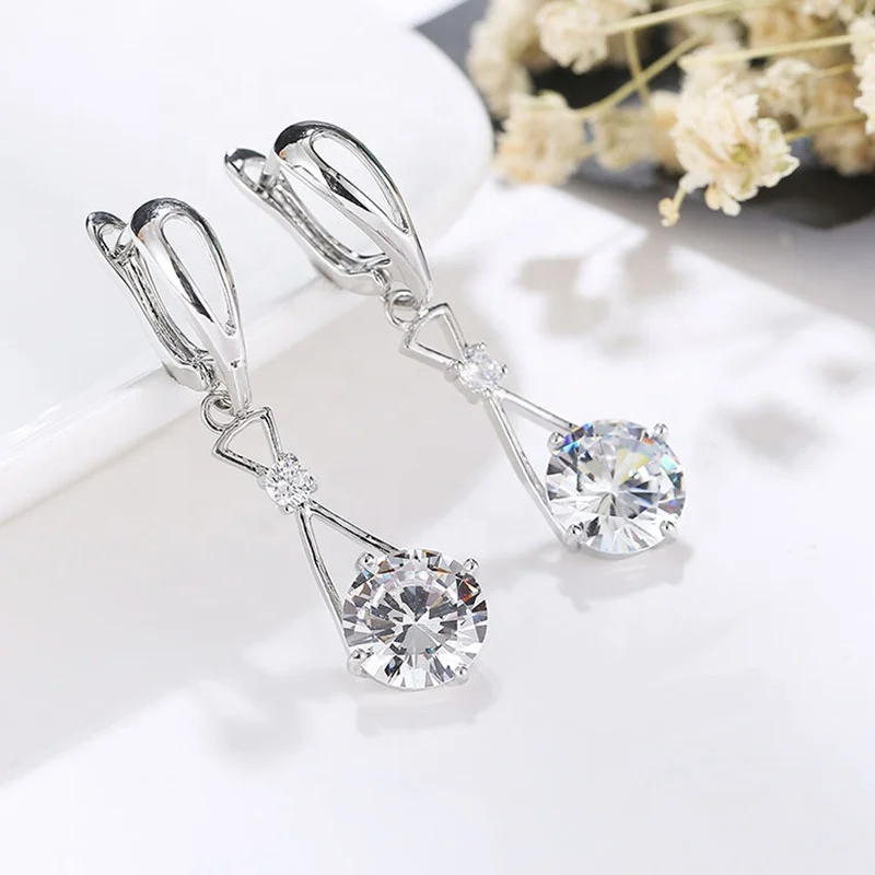 
Women Party Wedding Long Clip On Earring Round White Zircon CZ Stone Drop Dangle Earrings 