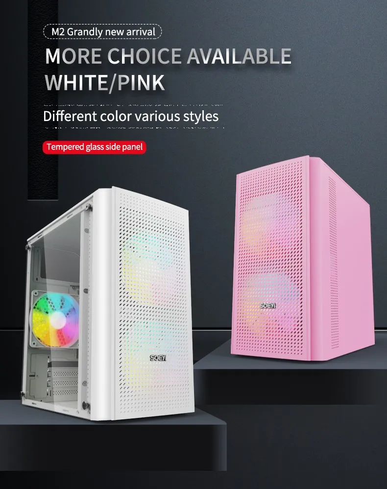 Soeyi Custom Computer PC Case iCUE RGB Mid-Tower Water Cooling Ready White Pink Black Micro ATX PC Case