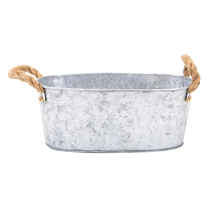 Galvanized Planter Vintage Metal Planter With Rope Handles and Drainage Hole Oval Shaped Metal Flower Pots